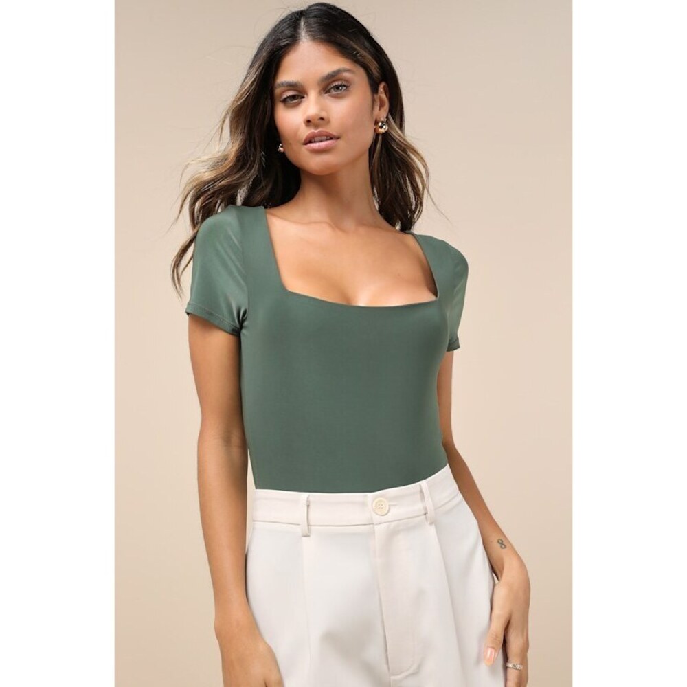 Lulus Perfect Possibility Olive Green Short Sleeve Bodysuit - Size S
